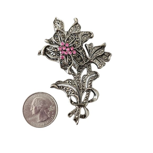 1928 Brand Silver Tone Pink Rhinestone, Marcasite Flower Trembler Brooch L268 - Picture 8 of 11